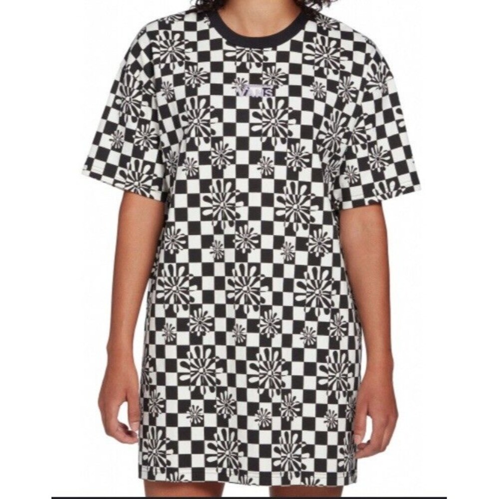 Vans Womens Large Divine Energy Dress White Black Checkered Funky Crew Neck